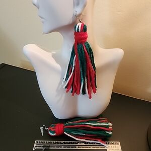 Handmade Tassel Earrings in Red, Green & White - Pair
